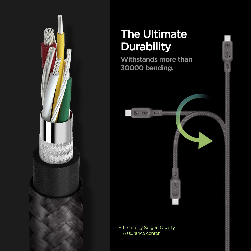 000CA25704 - DuraSync™ USB-C to USB-C 2.0 Cable C11C1 in Gunmetal showing the The Ultimate Durability. Withstands more 30000 bending. A cable showing it's durability by bending in three directions. Showing parts of a cable wire. Tested by Spigen Quality Assurance center