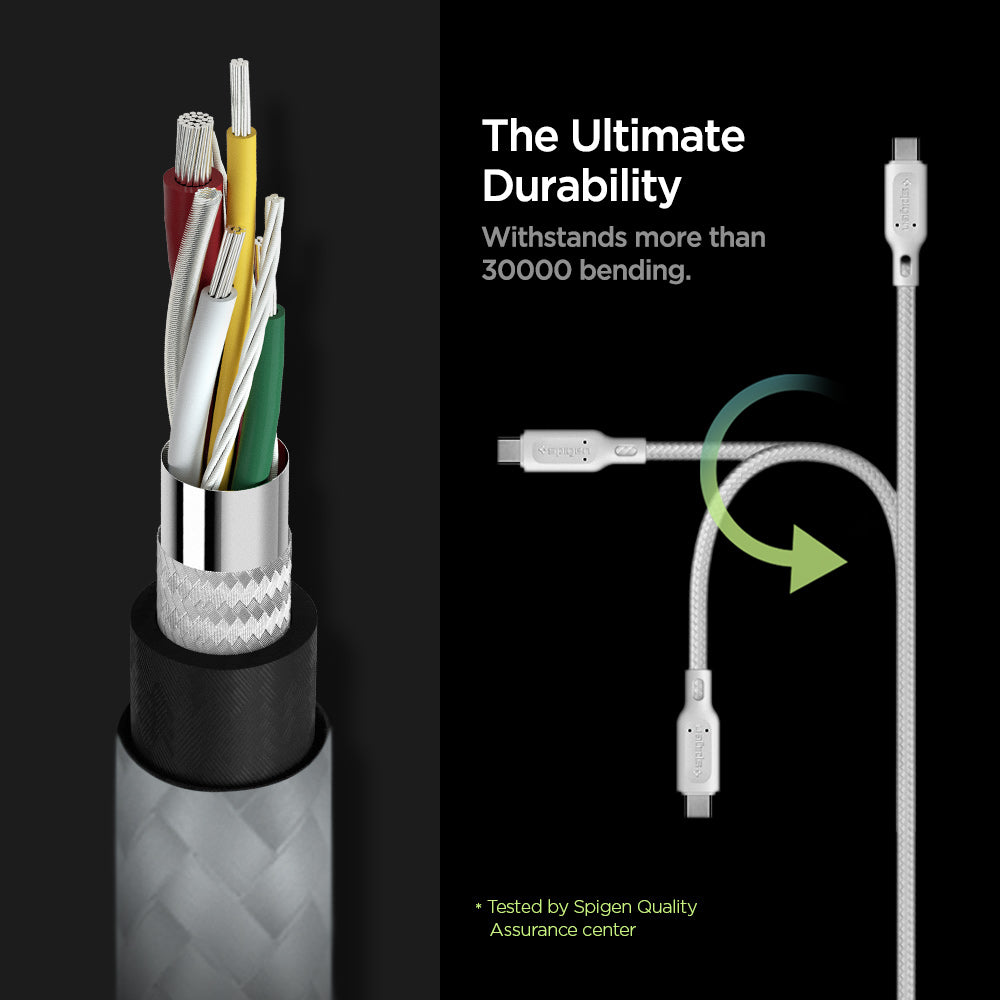 000CA25703 - DuraSync™ USB-C to USB-C 2.0 Cable C11C1 in White showing the The Ultimate Durability. Withstands more 30000 bending. A cable showing it's durability by bending in three directions. Showing parts of a cable wire. Tested by Spigen Quality Assurance center