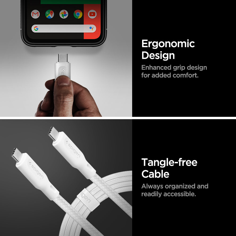 000CA25703 - DuraSync™ USB-C to USB-C 2.0 Cable C11C1 in White showing the Ergonomic Design. Enhanced grip design for added comfort. Tangle-free Cable. Always organized and readily accessible. Showing a single charger head while a hand was holding it and 2 charging heads on the other side