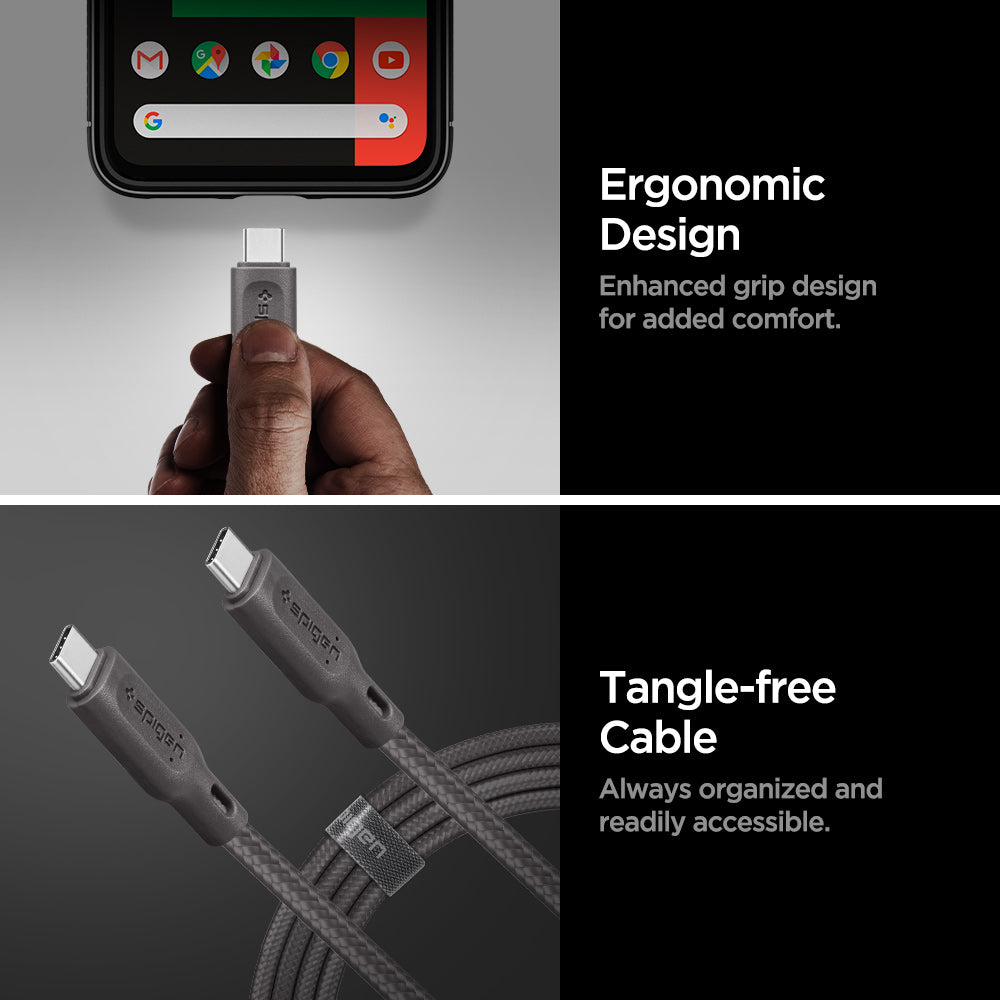 000CA25704 - DuraSync™ USB-C to USB-C 2.0 Cable C11C1 in Gunmetal showing the Ergonomic Design. Enhanced grip design for added comfort. Tangle-free Cable. Always organized and readily accessible. Showing a single charger head while a hand was holding it and 2 charging heads on the other side