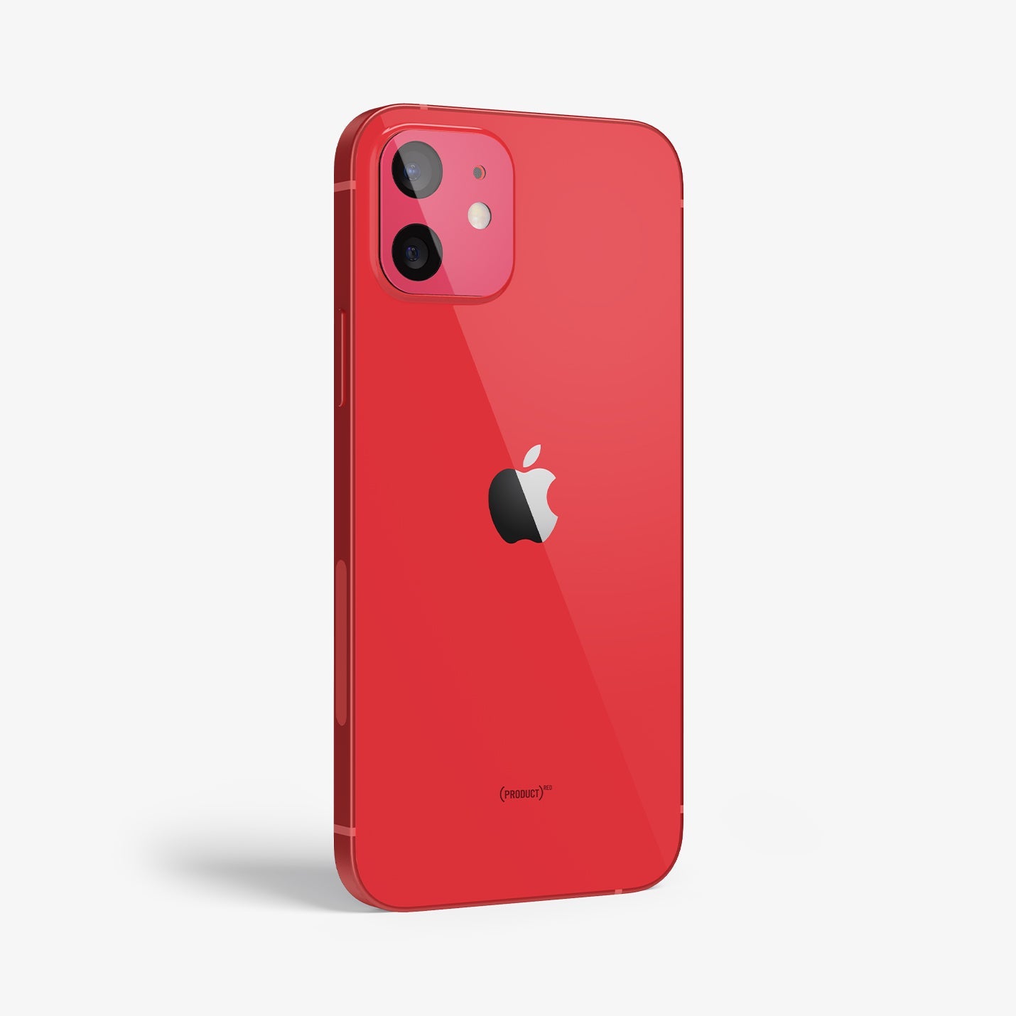 AGL02472 - iPhone 12 Optik Lens Protector in Product Red showing the device and partial side with lens protector installed