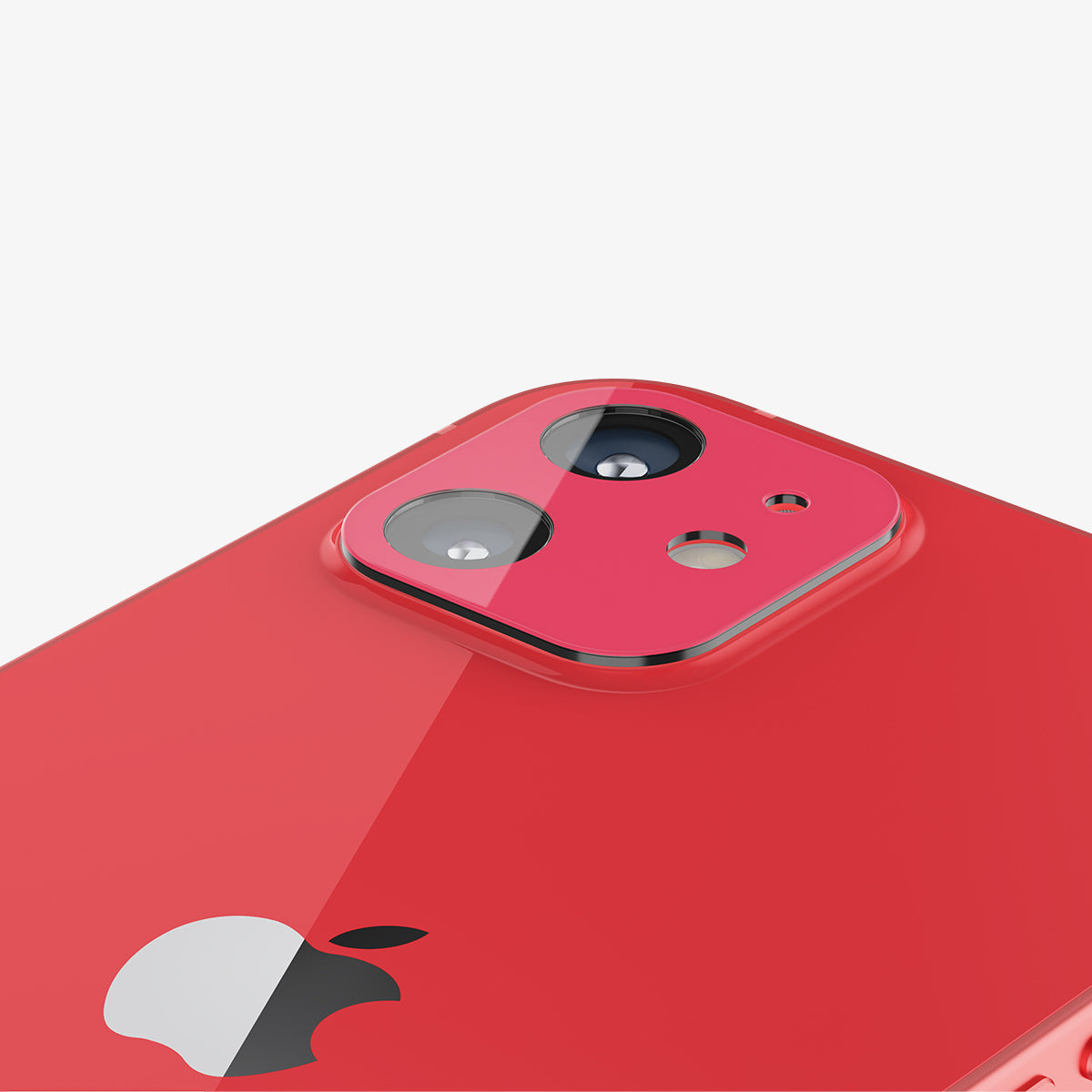 AGL02472 - iPhone 12 Optik Lens Protector in Product Red showing the back of device with lens protector installed zoomed in