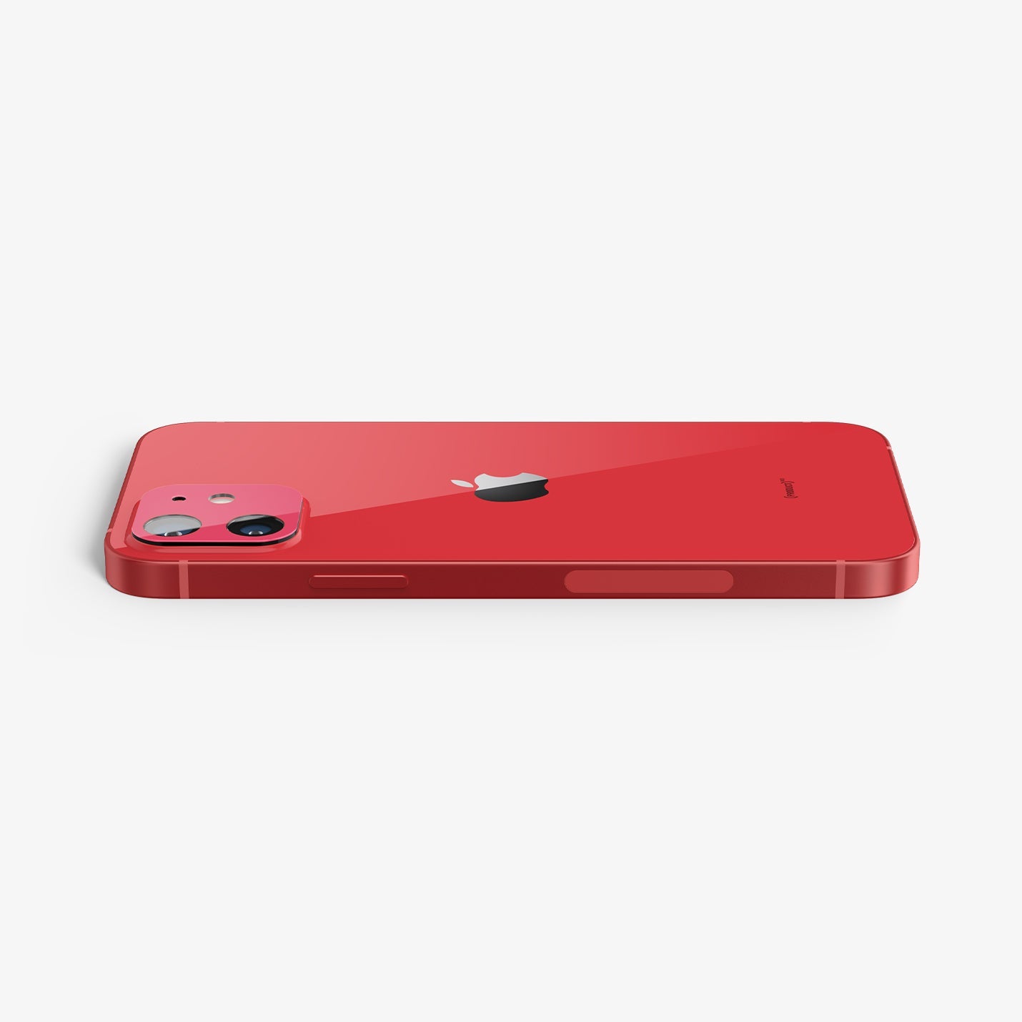 AGL02472 - iPhone 12 Optik Lens Protector in Product Red showing the back and partial side of the device with lens protector installed