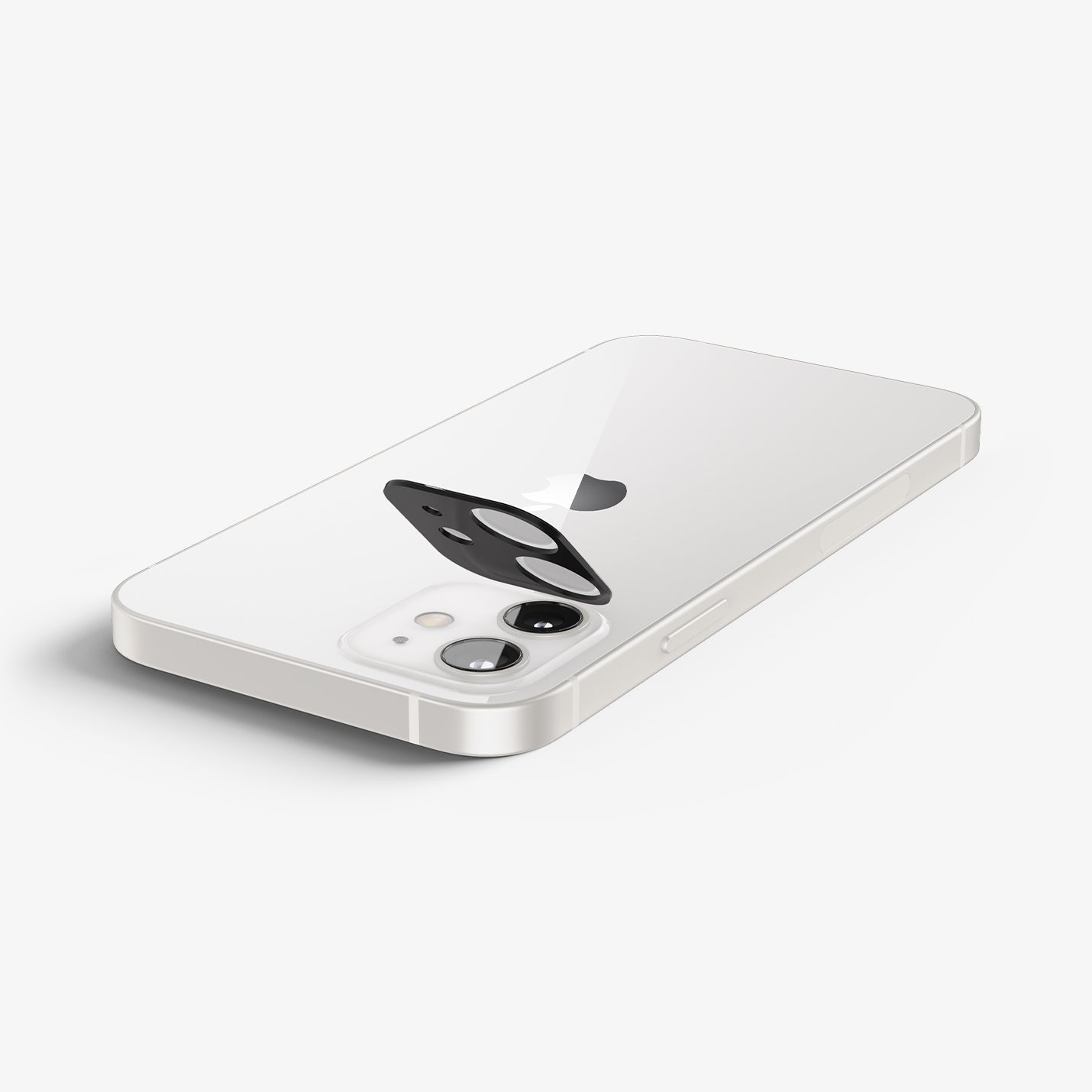 AGL02461 - iPhone 12 Mini Optik Lens Protector in White showing the lens protector partially hovering above the device on a flat surface