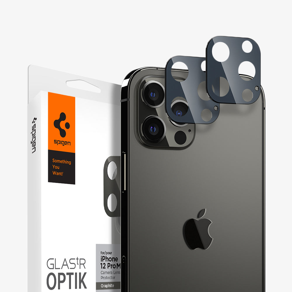 AGL02457 - iPhone 12 Pro Optik Lens Protector in Graphite showing the lens protector hovering above another lens protector in front of the device and packaging