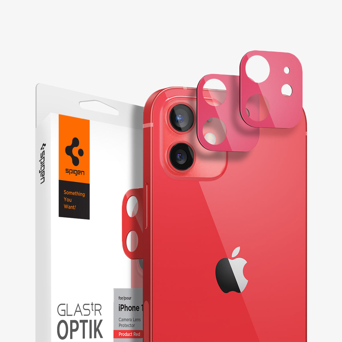 AGL02472 - iPhone 12 Optik Lens Protector in Product Red showing the lens protector hovering above another lens protector in front of the device and packaging