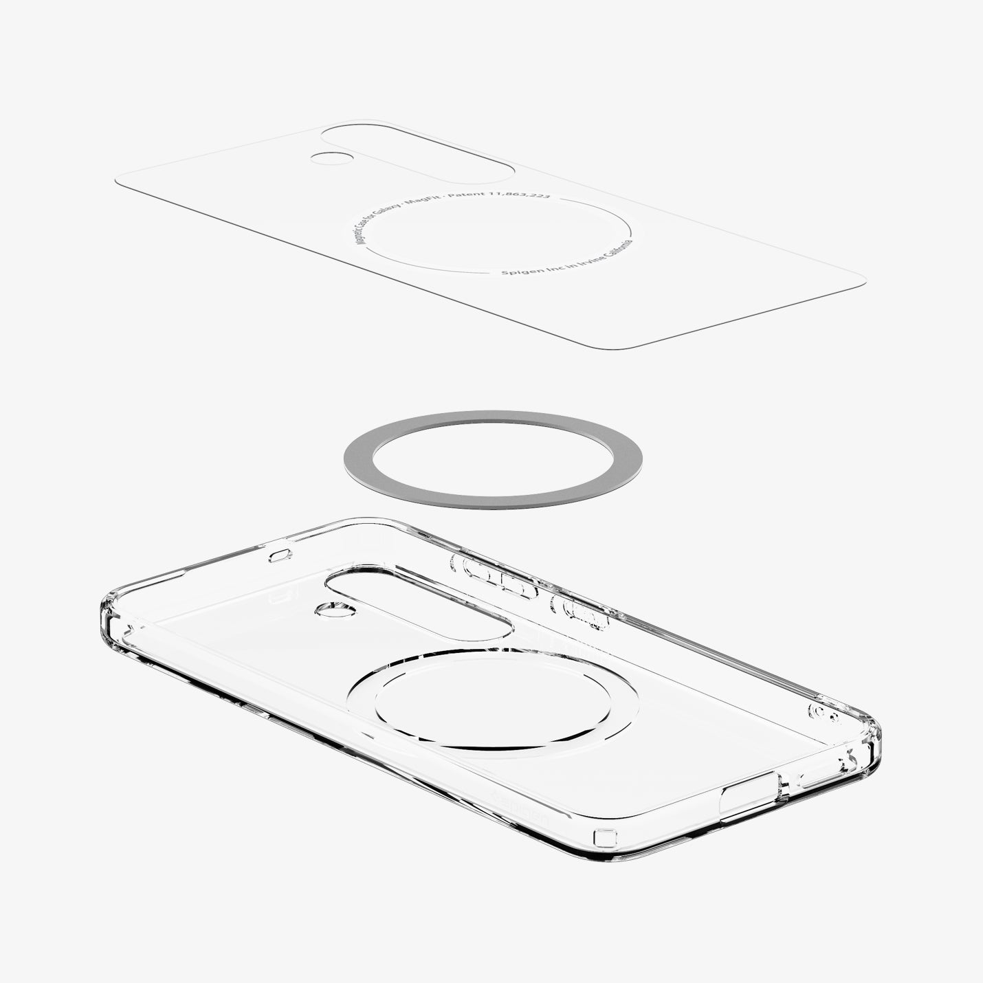 ACS08981 - Galaxy S25 Plus Case Ultra Hybrid Metal Ring (MagFit) in Clear White showing the inner layer, hovering above the detached magring and the case