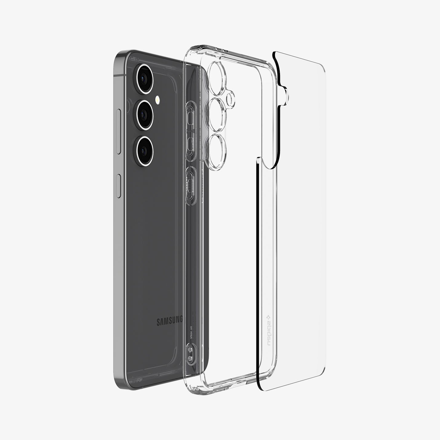 ACS08620 - Galaxy S24 FE Case Ultra Hybrid in Crystal Clear showing the transparent back of the case detached from the darker frame paralleled with the device