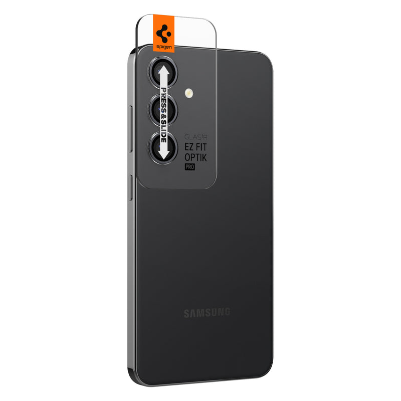 AGL07434 - Galaxy S24 Plus Optik Pro EZ Fit Lens Protector in Gray showing the camera lens tray protector attached to the device