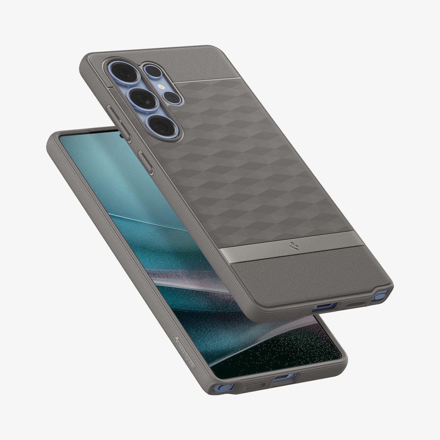 ACS09055 - Galaxy S25 Ultra Case Parallax (MagFit) in Ash Gray showing the back, partial side and bottom hovering above the device showing partial front, side and bottom