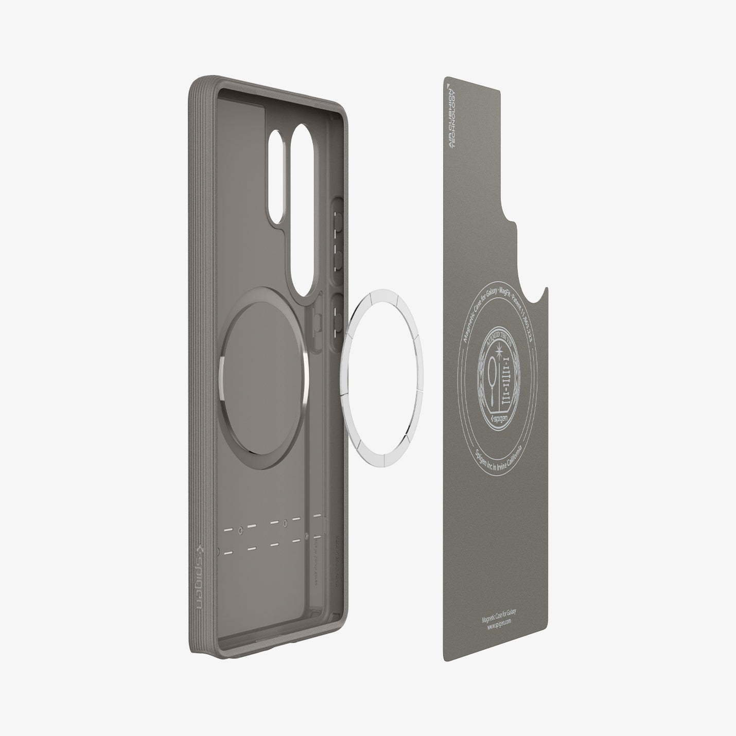 ACS09055 - Galaxy S25 Ultra Case Parallax (MagFit) in Ash Gray showing the inner layer hovering in front of a detached ring magnet and the case