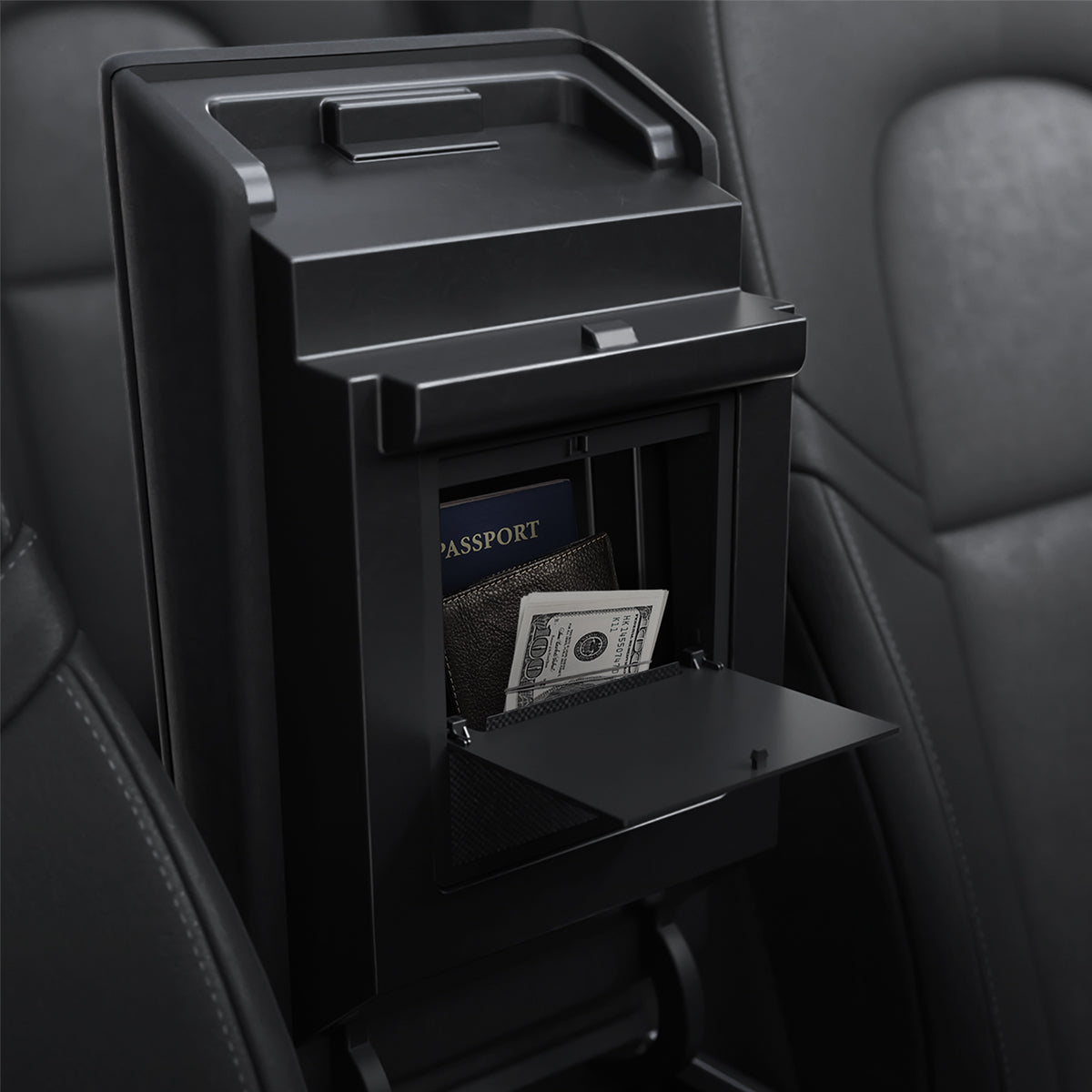 ACP04509 - Tesla Model Y & 3 - Center Console Hidden Storage Box showing box open with money inside