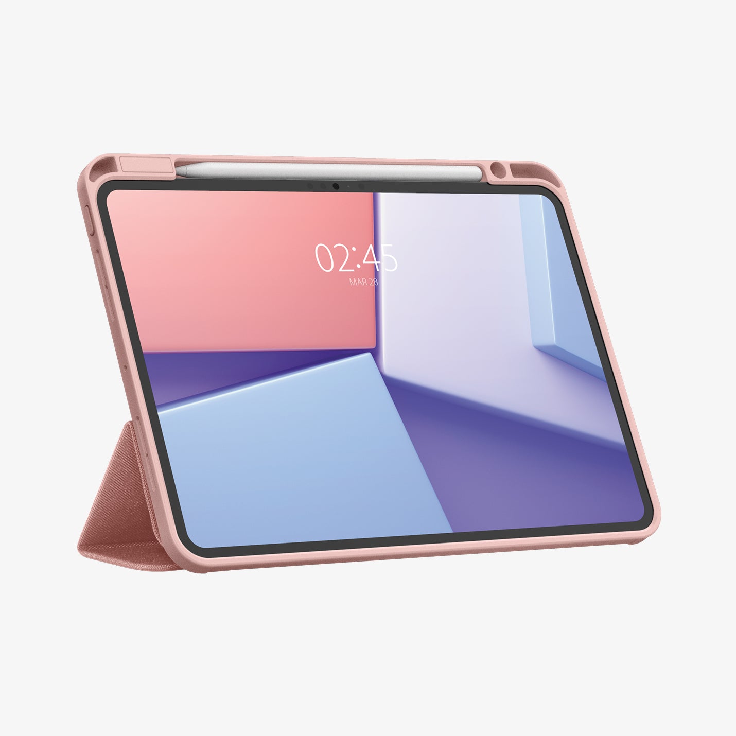 ACS07021 - iPad Pro 11-inch Case Urban Fit in Rose Gold showing the front with stylus and front cover folded, propped up behind to serve as a stand