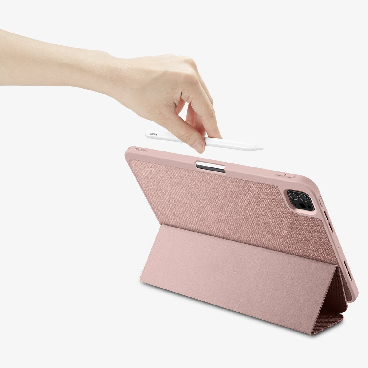 ACS07021 - iPad Pro 11-inch Case Urban Fit in Rose Gold showing the back, with a folded front cover propped up as a stand while a hand holding a stylus pen