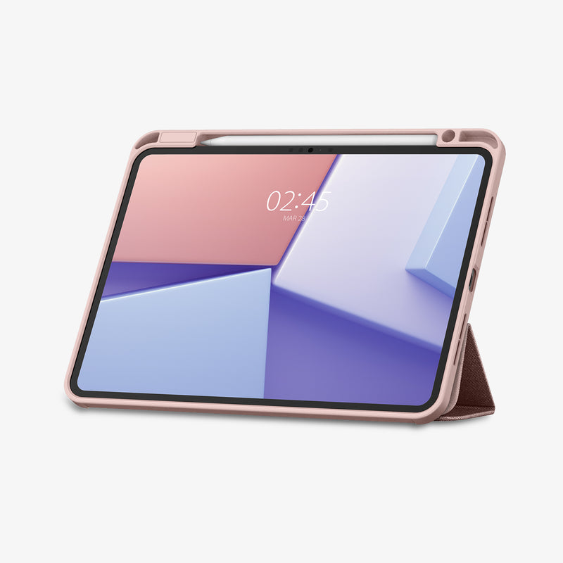 ACS07021 - iPad Pro 11-inch Case Urban Fit in Rose Gold showing the front with stylus pen attached, and partial folded front cover propped up as a stand