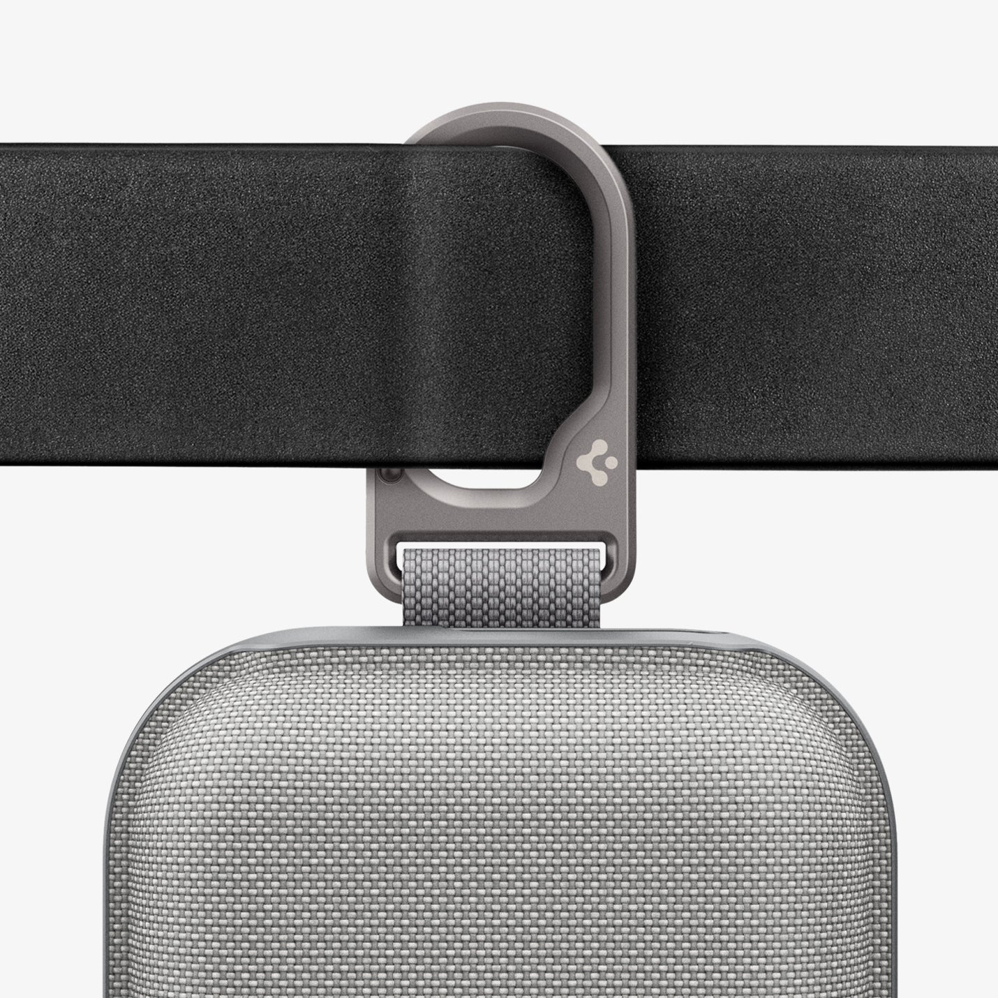 AGP08663 - Apple Vision Pro Klasden Battery Pack Holder in Silver Gray showing the carabiner clip to a belt