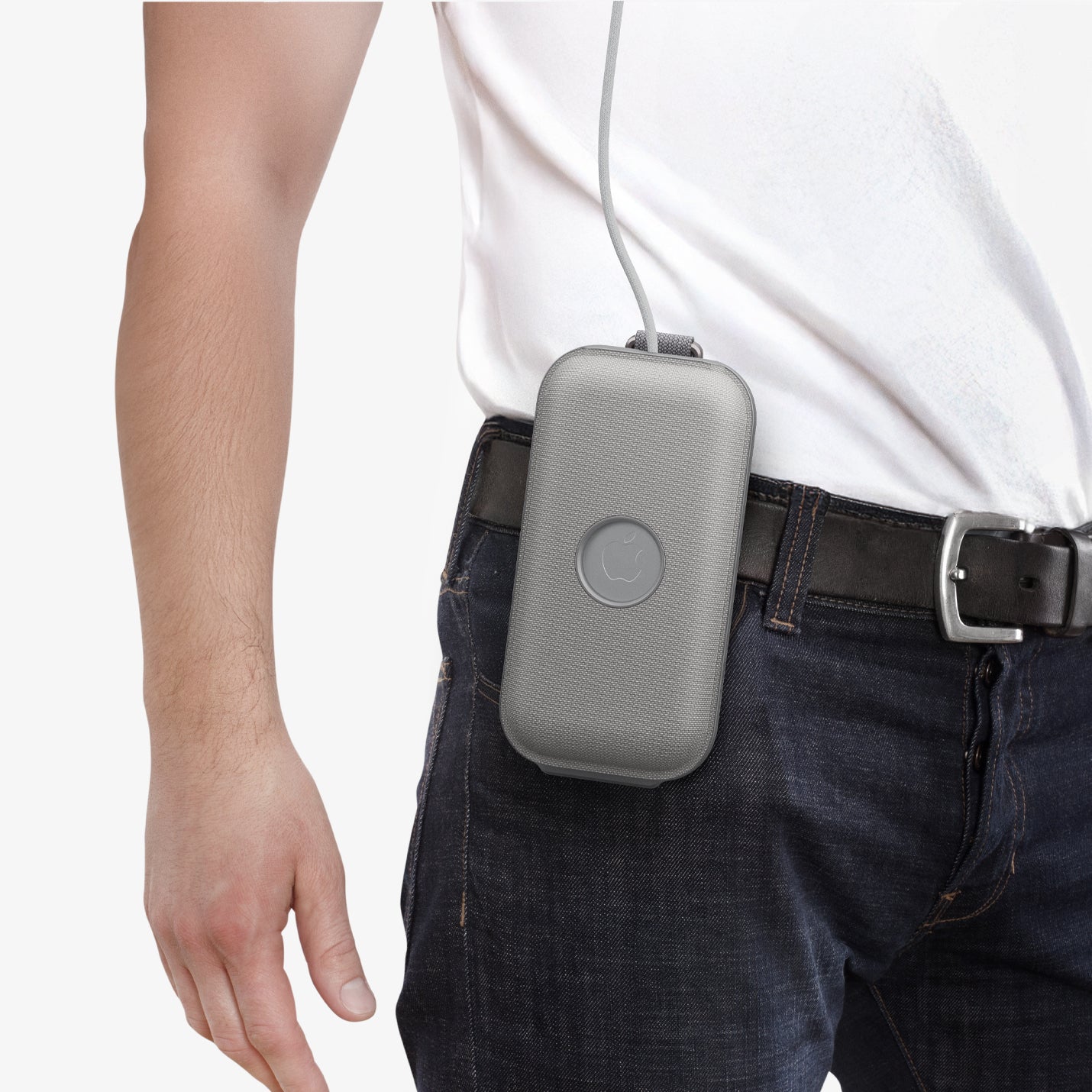 AGP08663 - Apple Vision Pro Klasden Battery Pack Holder in Silver Gray showing the front attached to a person's waist belt