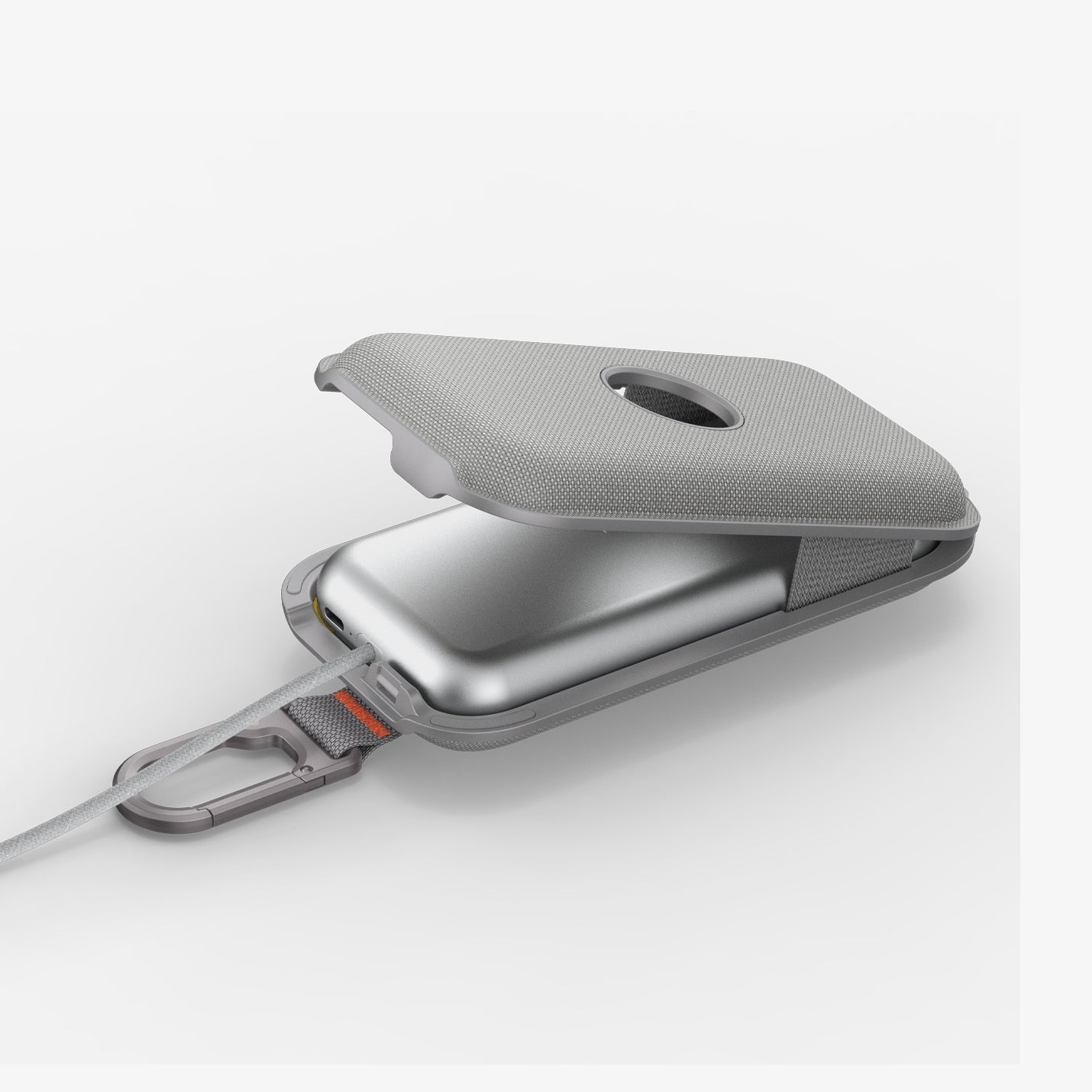 AGP08663 - Apple Vision Pro Klasden Battery Pack Holder in Silver Gray showing the partial front and partial inner with device inside