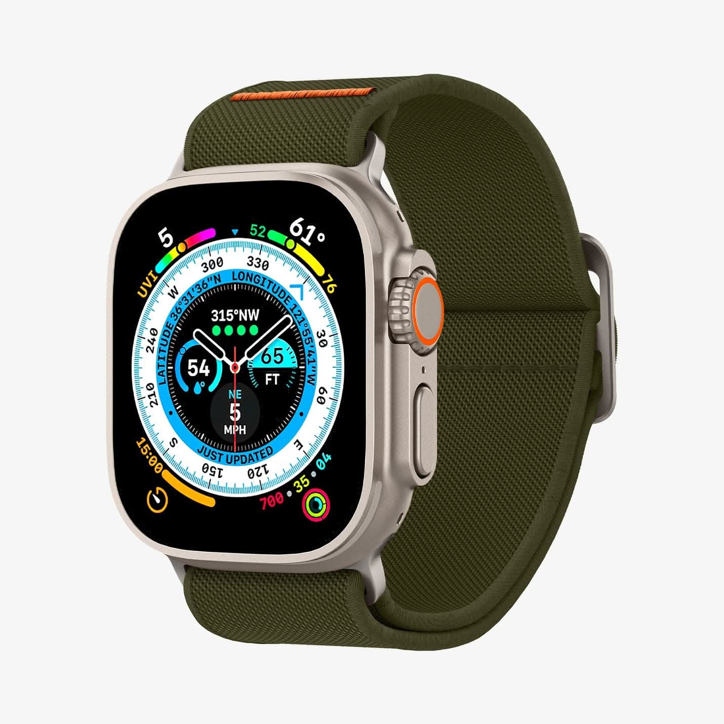 AMP05985 - Apple Watch Series (Apple Watch (49mm)/Apple Watch (45mm)/Apple Watch (42mm)) Watch Band Lite Fit Ultra in khaki showing the front and inside of band