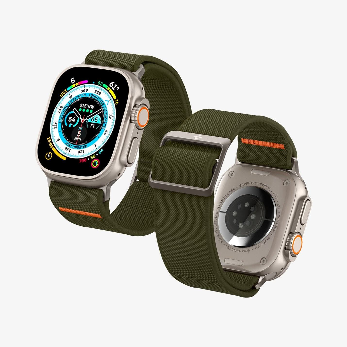 AMP05985 - Apple Watch Series (Apple Watch (49mm)/Apple Watch (45mm)/Apple Watch (42mm)) Watch Band Lite Fit Ultra in khaki showing the front and back