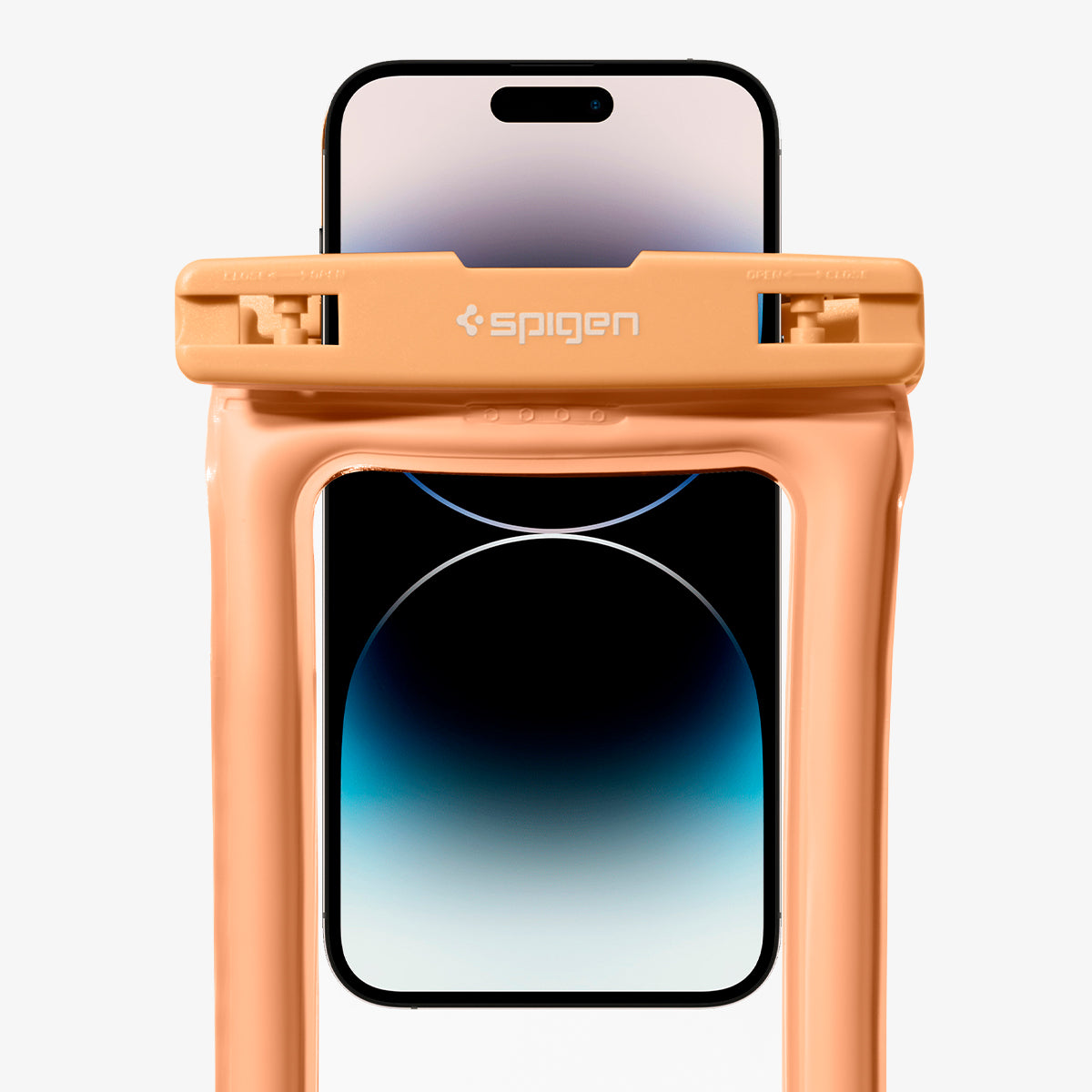 ACS06011 - AquaShield Waterproof Floating Case A610 in Apricot showing the sliding of the device in and out of the waterproof case