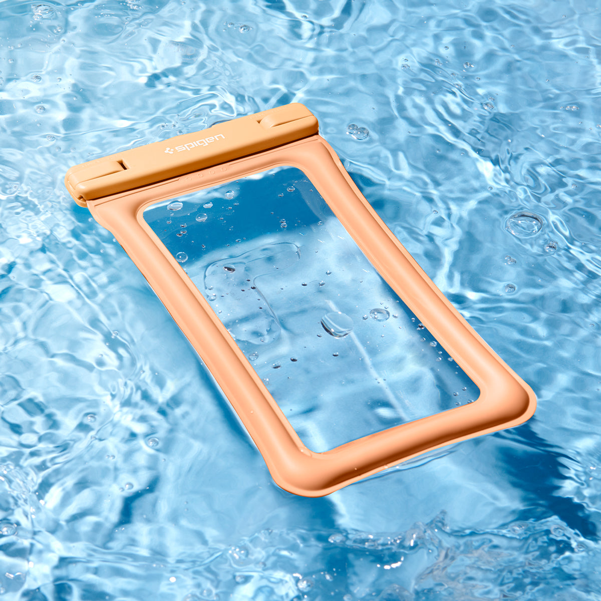 ACS06011 - AquaShield Waterproof Floating Case A610 in Apricot showing the front of the waterproof case floating on the surface of the water