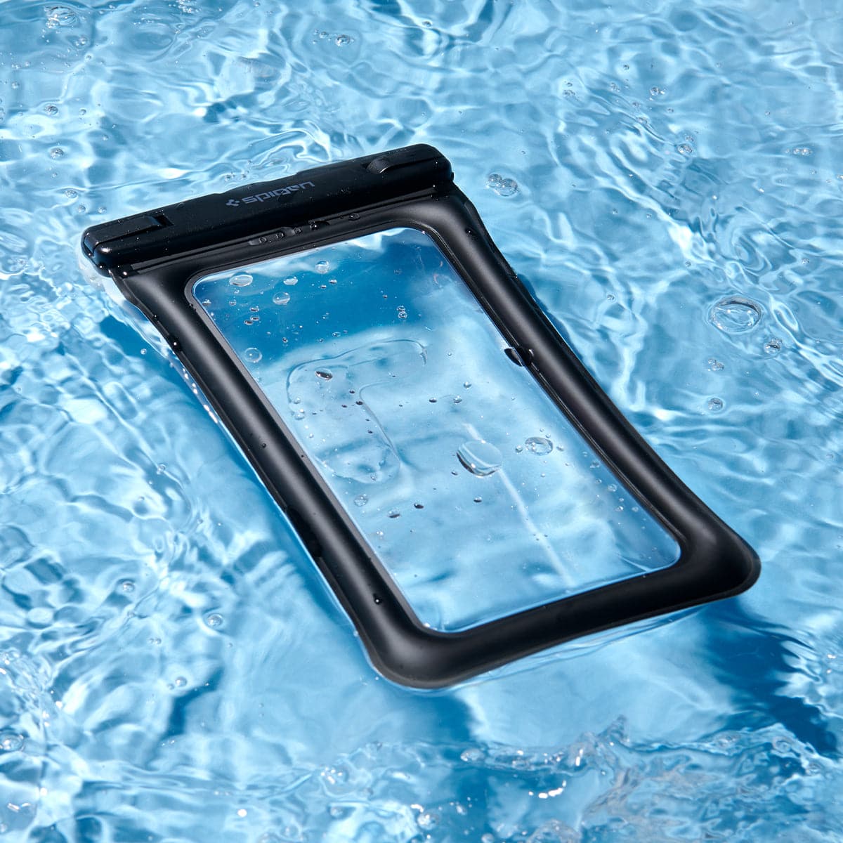 AMP04527 - AquaShield Waterproof Floating Case (2 Pack) A610 in Black showing the front of the waterproof case floating on the surface of the water