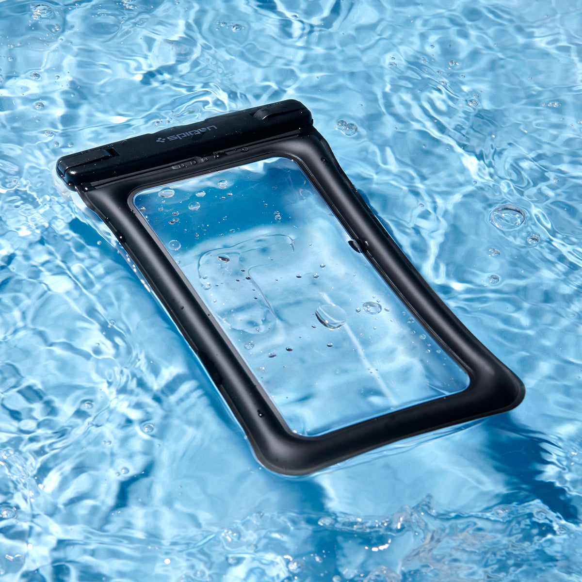 AMP04529 - AquaShield Waterproof Floating Case A610 in Black showing the front of the waterproof case floating on the surface of the water