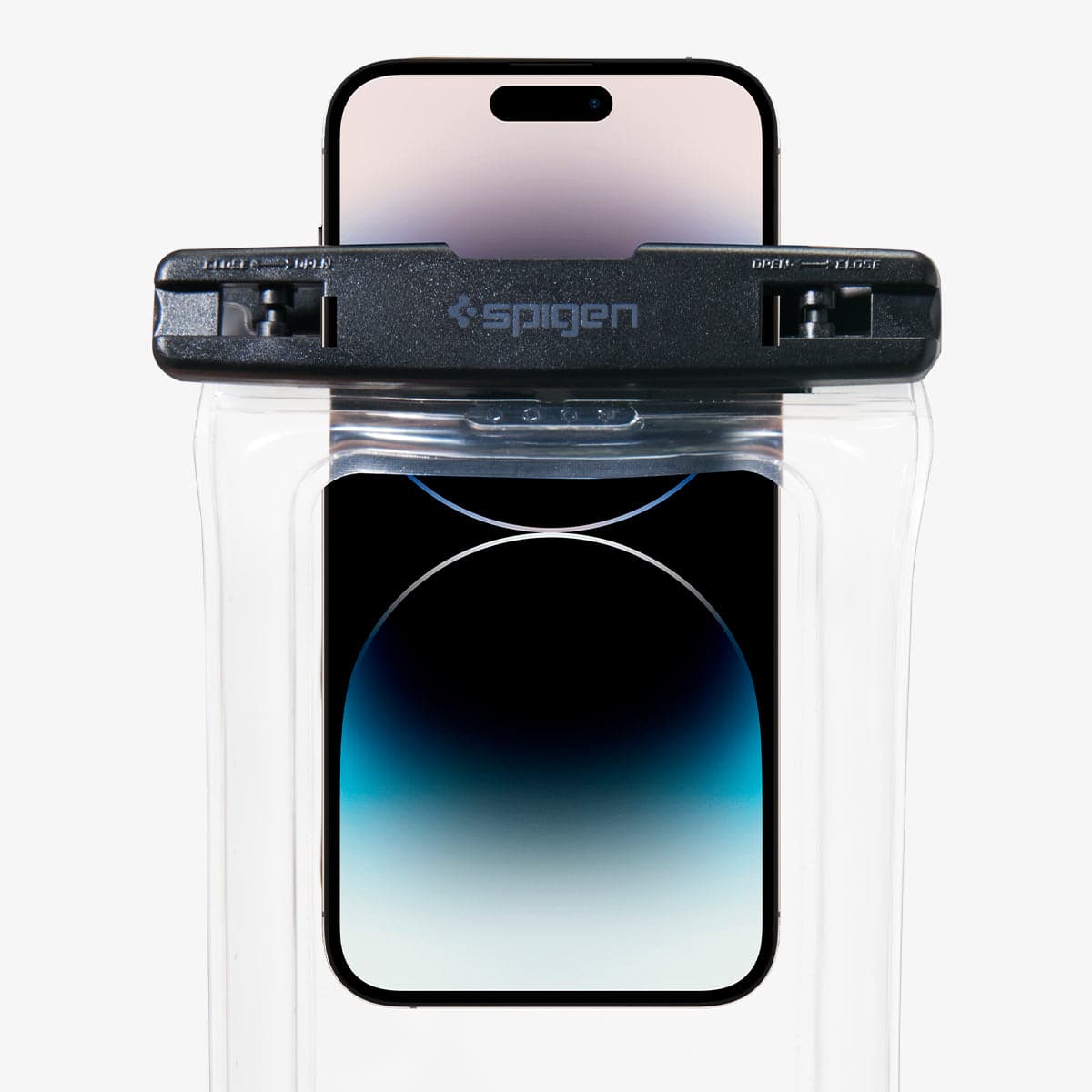 AMP04528 - AquaShield Waterproof Floating Case (2 Pack) A610 in Crystal Clear showing the sliding of the device in and out of the waterproof case