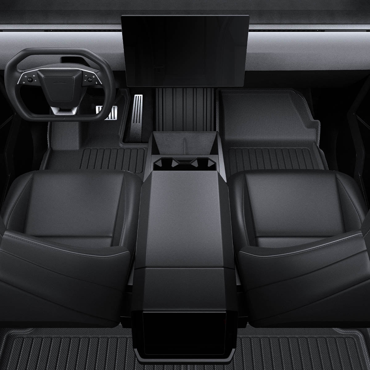 ACP08260 - Tesla Cybertruck WeatherBloc Floor Mat CLF in Black showing the front view facing the tesla monitor