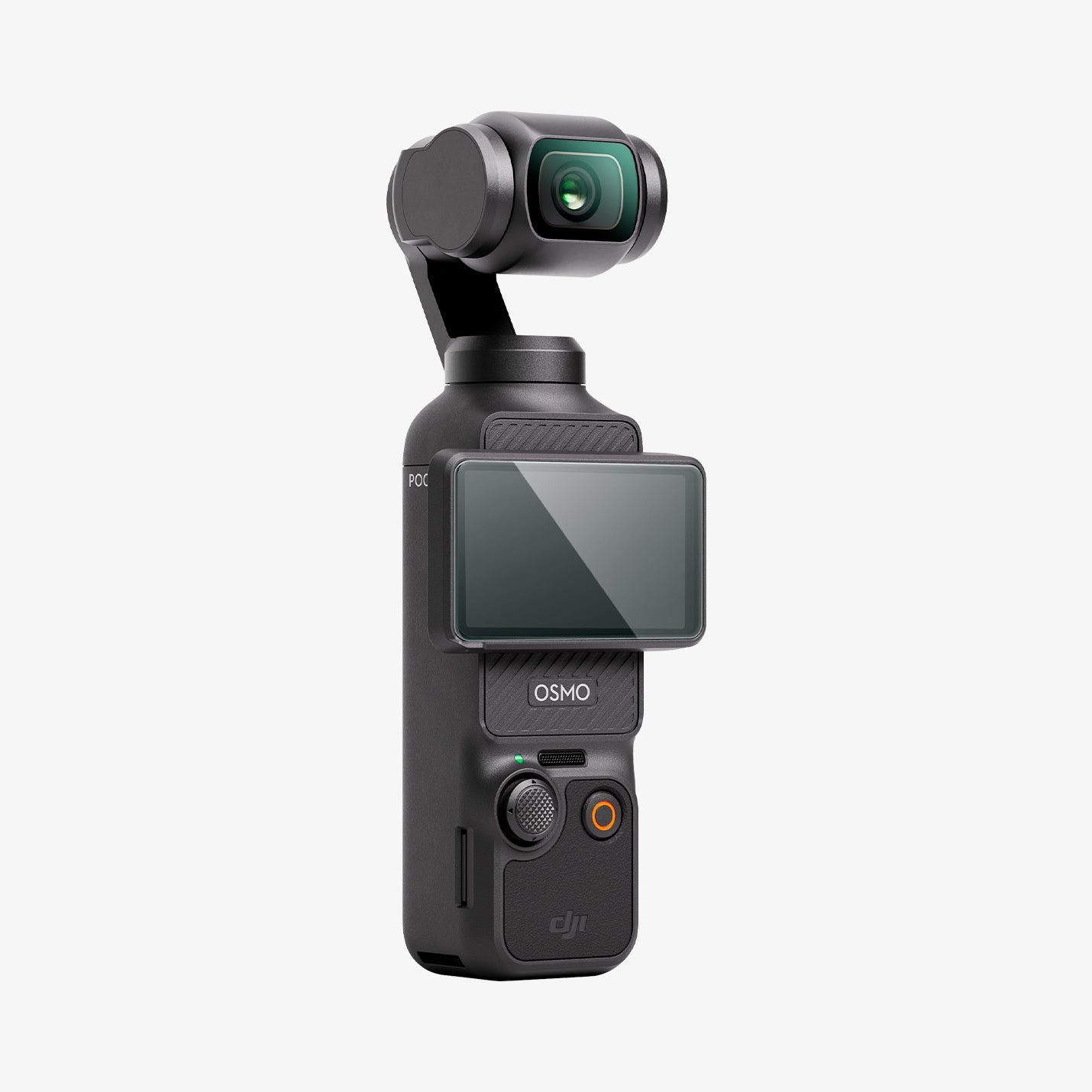 AGL07481 - DJI Osmo Pocket 3 Glas.tR SLIM in Clear showing the front, partial side with camera monitor positioned horizontally facing the right side