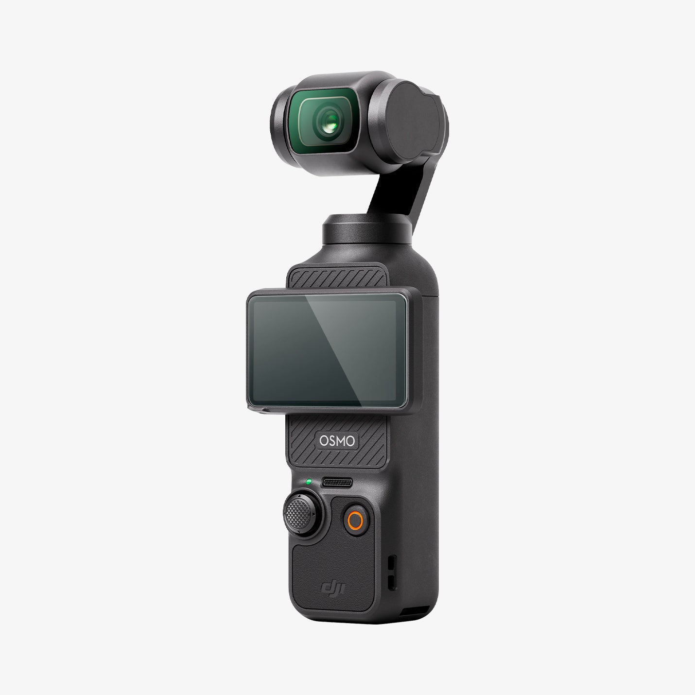 AGL07481 - DJI Osmo Pocket 3 Glas.tR SLIM in Clear showing the front, partial side with camera monitor positioned horizontally facing the left side