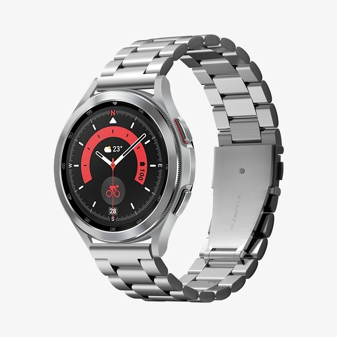 AMP03870 - Galaxy Watch 6 Band Modern Fit in silver showing the front and side