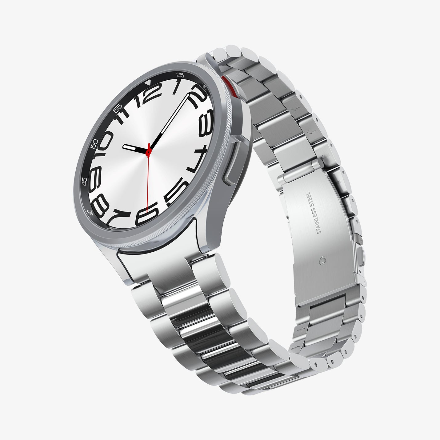 AMP06489 - Watch 6 Classic (47mm) Modern Fit 316L Band in Silver showing the front, side and inner side of the watch strap