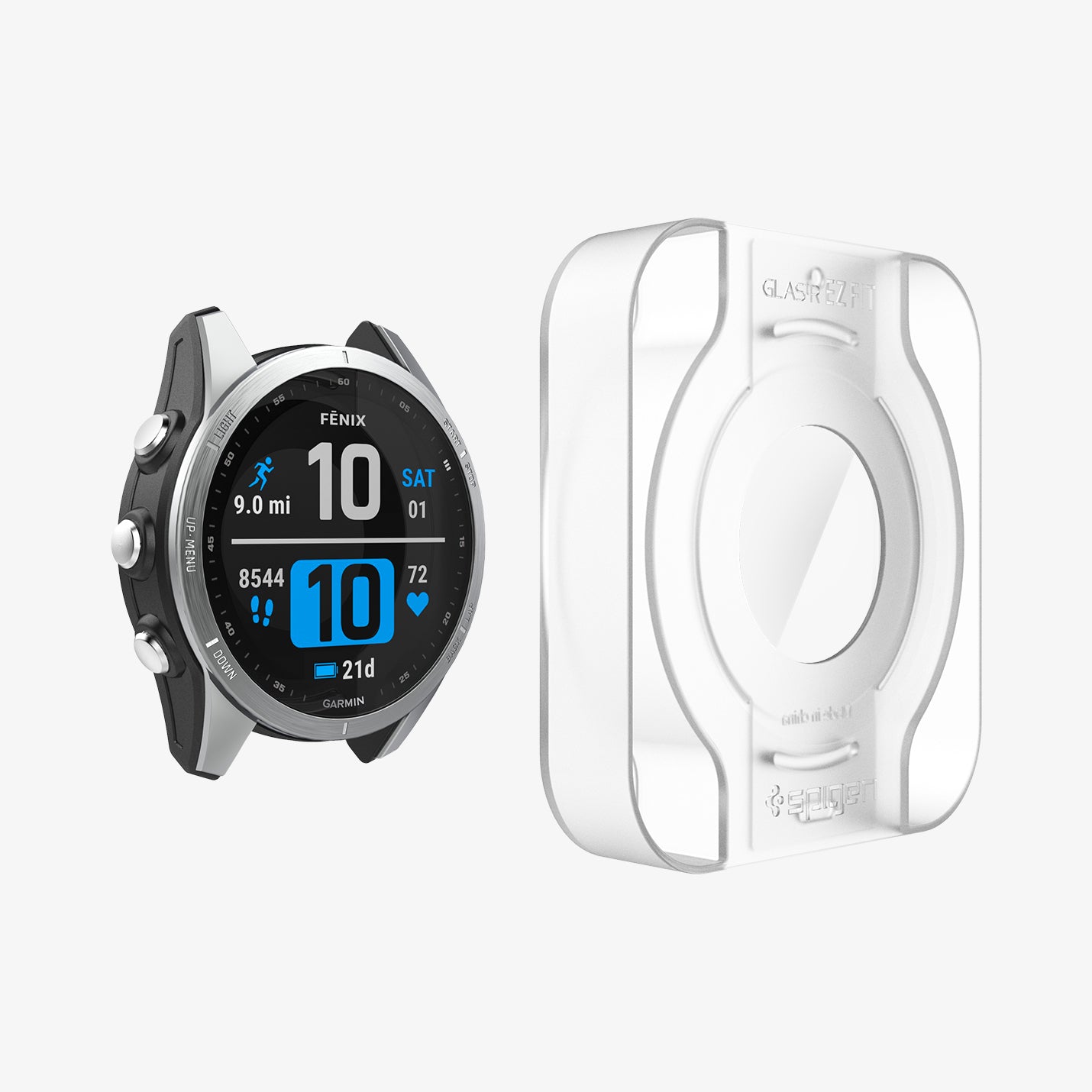 AGL04631 - Garmin Fenix 7s Screen Protector EZ FIT Glas.tR showing the ez fit tray hovering in front of the watch face