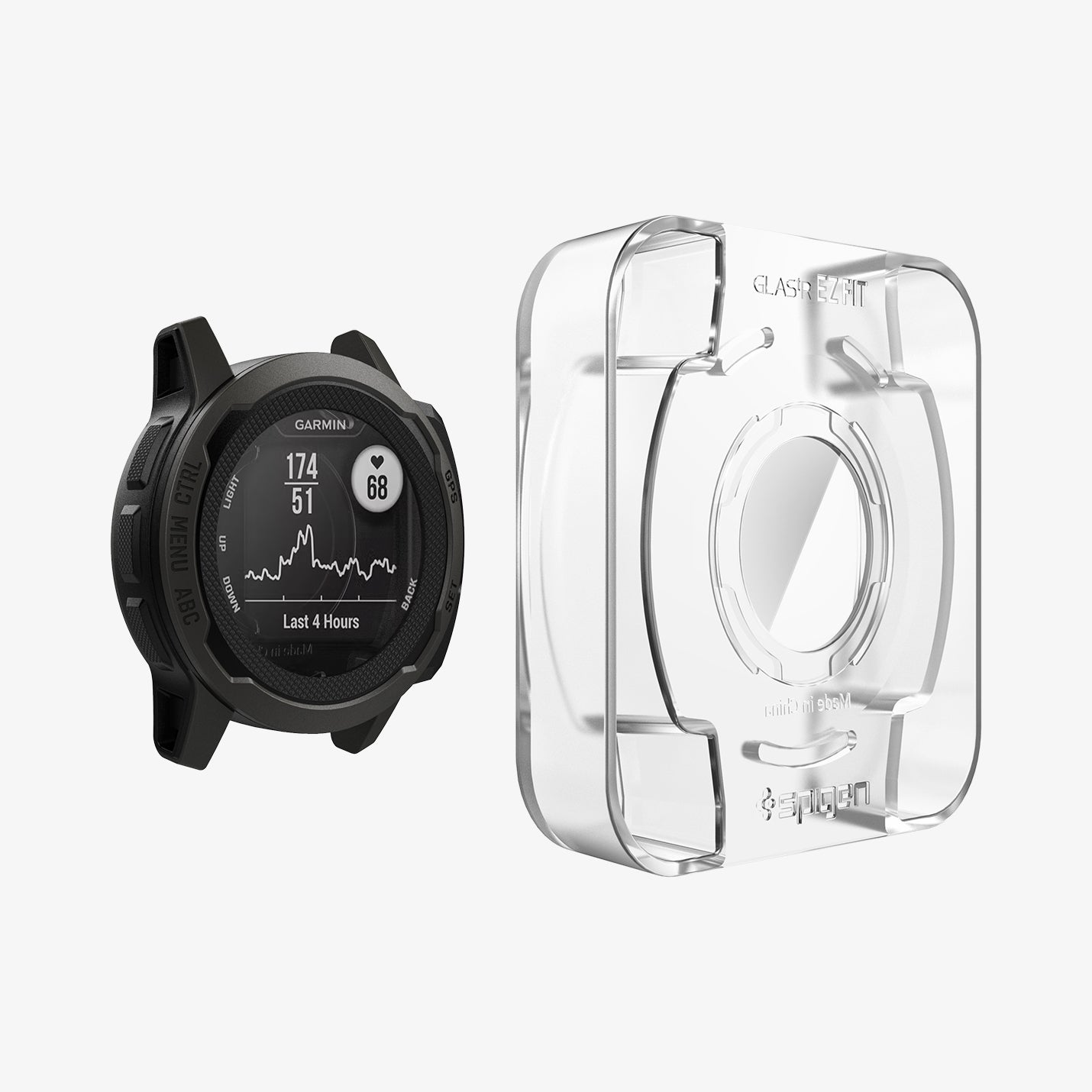 AGL05263 - Garmin Instinct 2s Screen Protector EZ Fit showing the ez fit tray hovering in front of watch face