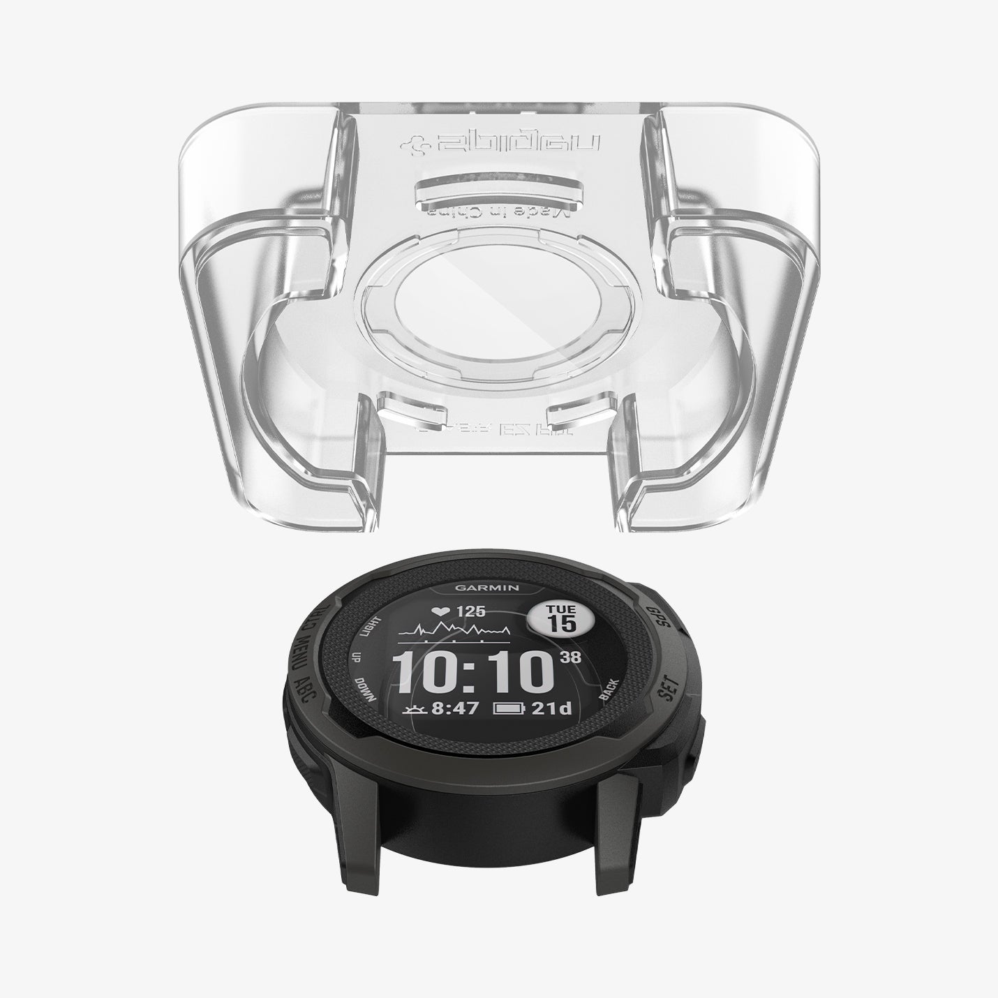 AGL05263 - Garmin Instinct 2s Screen Protector EZ Fit showing the ez fit tray hovering above the watch face