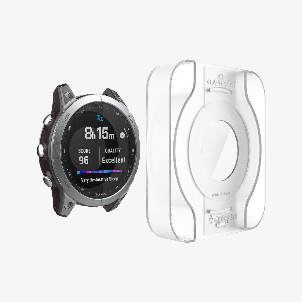 AGL04632 - Garmin Fenix 7 Screen Protector EZ FIT Glas.tR showing the ez fit tray hovering in front of the watch face