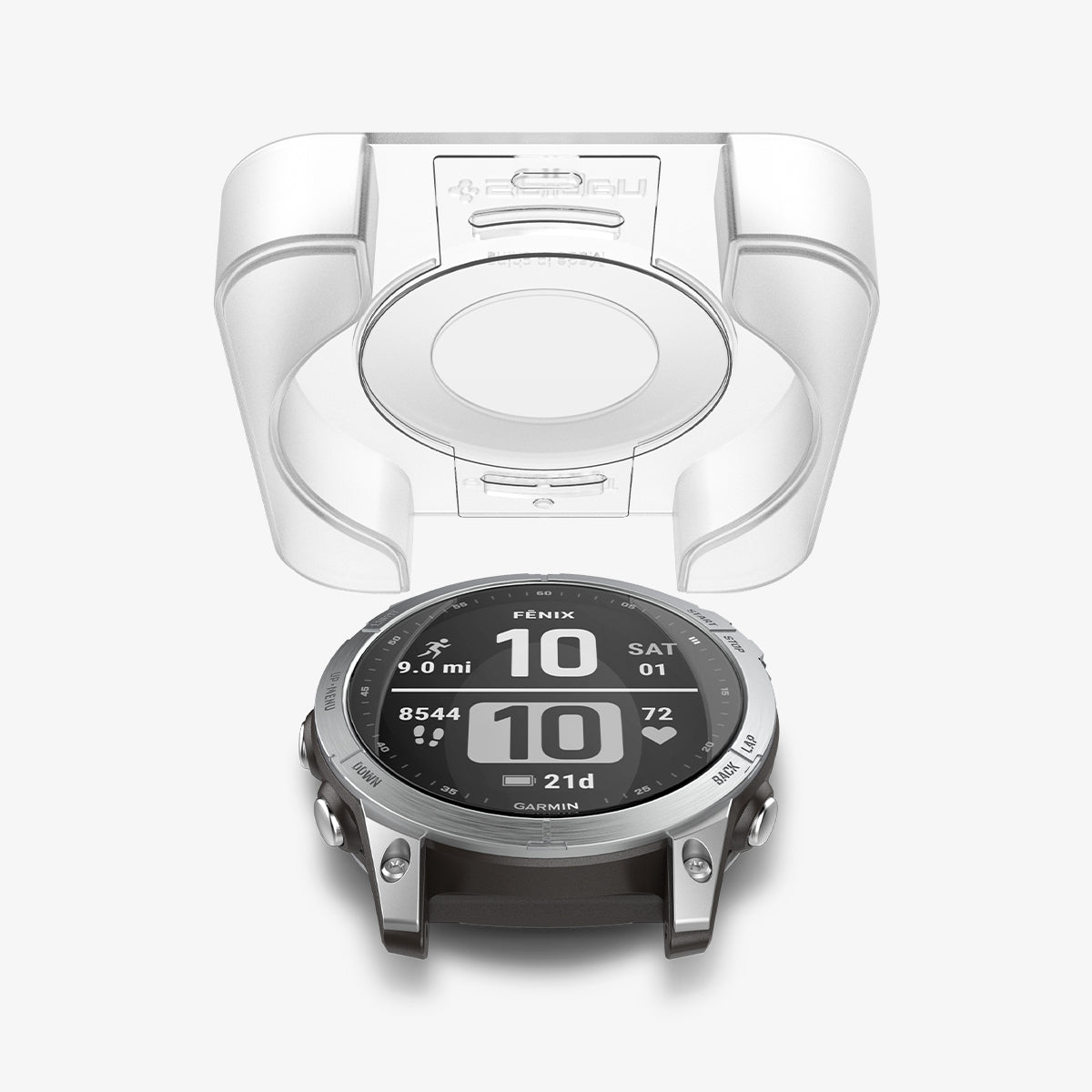 AGL04632 - Garmin Fenix 7 Screen Protector EZ FIT Glas.tR showing the ez fit tray hovering above the watch face