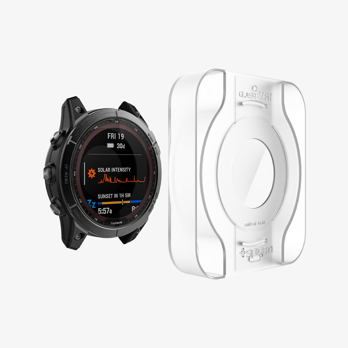 AGL04633 - Garmin Fenix 7x Screen Protector EZ FIT Glas.tR showing the ez fit tray hovering in front of the watch face