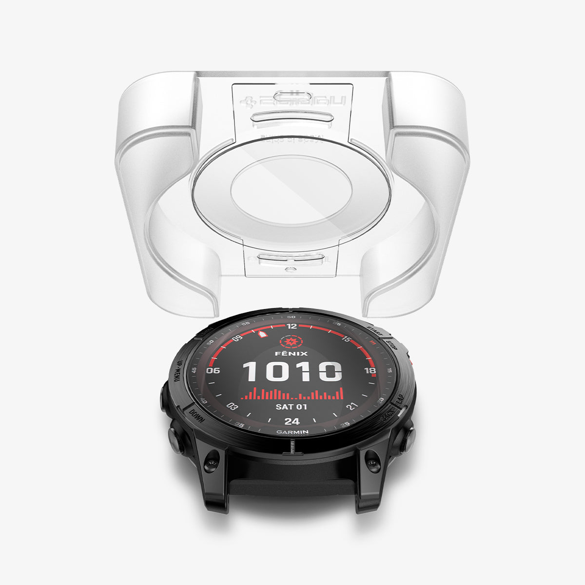 AGL04633 - Garmin Fenix 7x Screen Protector EZ FIT Glas.tR showing the ez fit tray hovering above the watch face