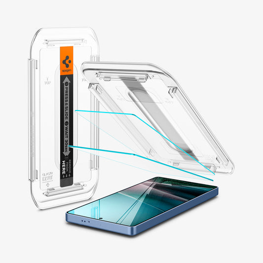 AGL09078 - Galaxy S25 Ultra GLAS.tR EZ Fit in Clear showing the alignment tray hovering above the 2 screen protector and the device with another tray on the side