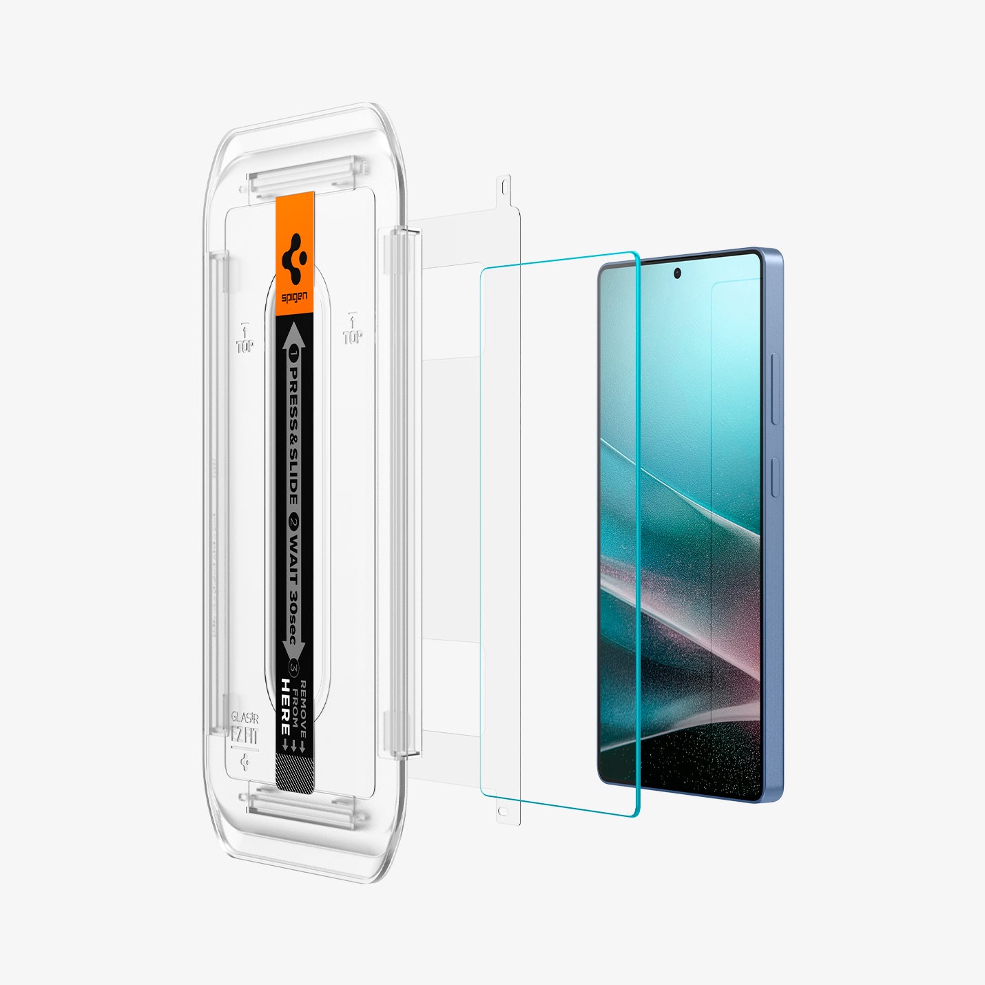 AGL09078 - Galaxy S25 Ultra GLAS.tR EZ Fit in Clear showing the alignment tray hovering in front of the film strip, screen protector and the device