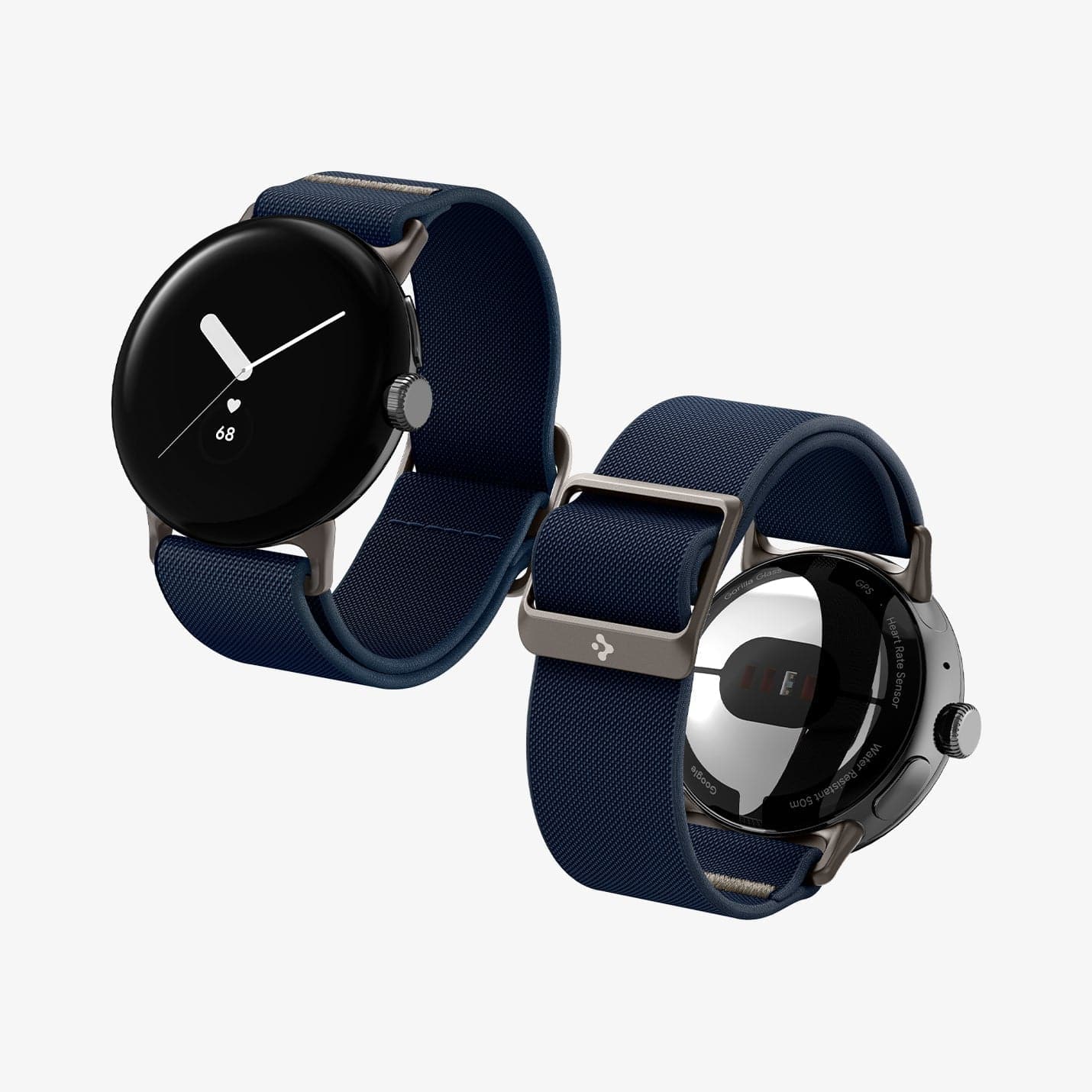 AMP07607 - Pixel Watch Lite Fit in Navy showing the partial sides, back and partial inner side of the band of 2 pixel watches side by side