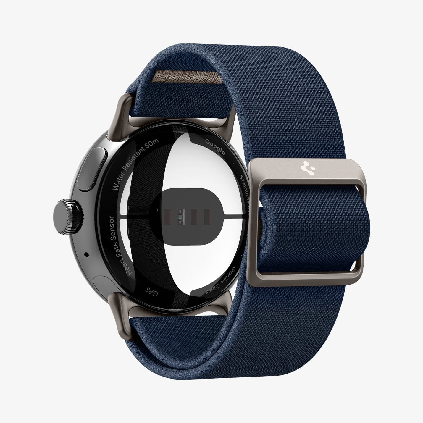 AMP07607 - Pixel Watch Lite Fit in Navy showing the back, partial inner sides and back of the band