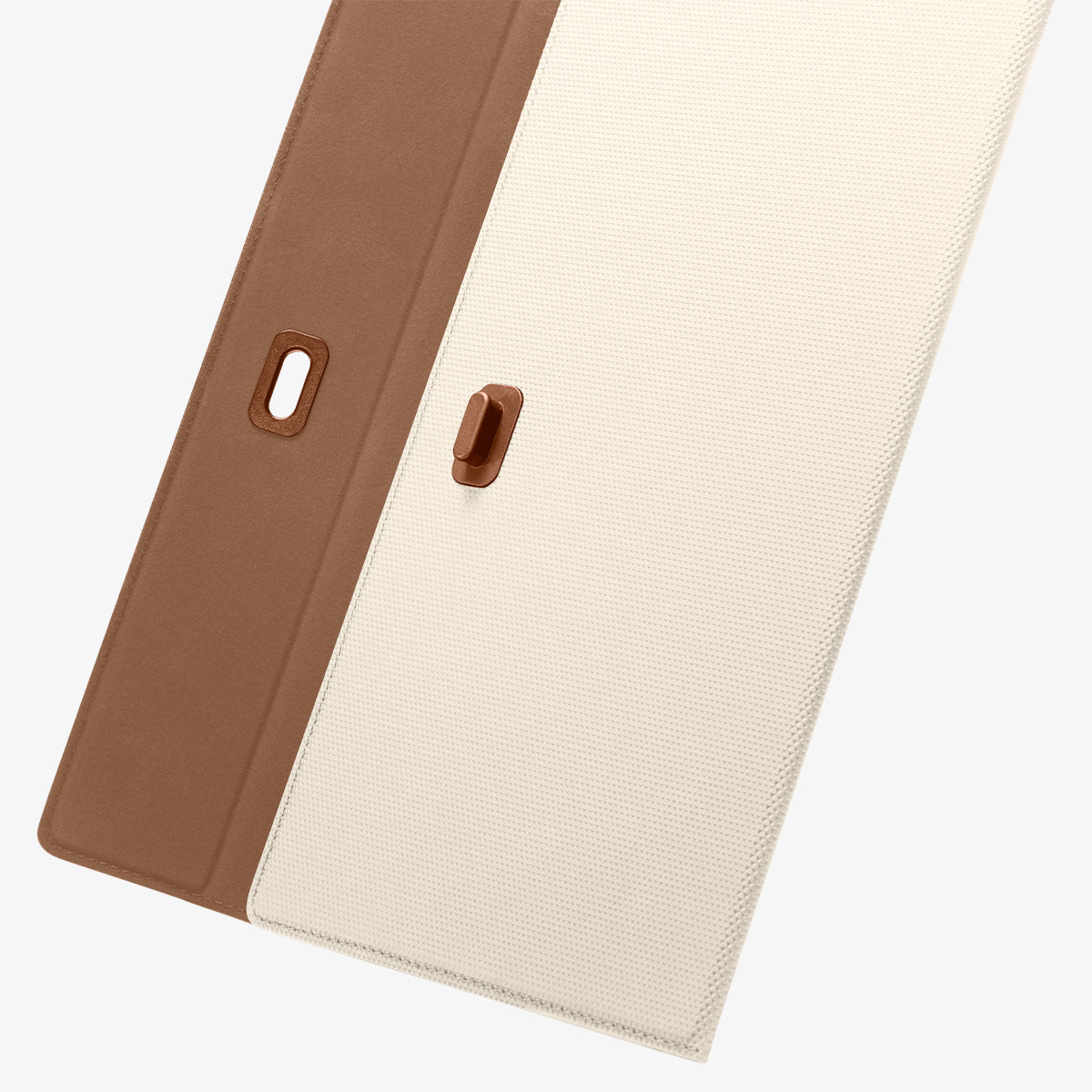 ACP08882 - Registration Card Holder | IC100 in Dune Beige showing the front folded, overlapped, top flap open with elongated bulged lock