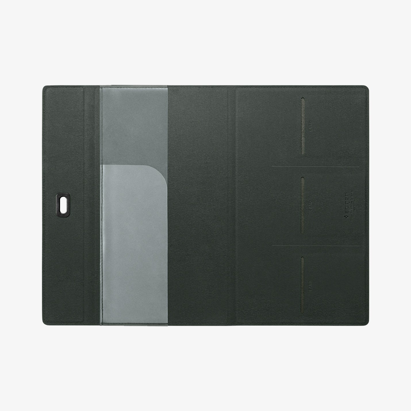 ACP08883 - Registration Card Holder | IC100 in Military Green showing the inside, full open with 3 card slots and  and one compartment on the other side