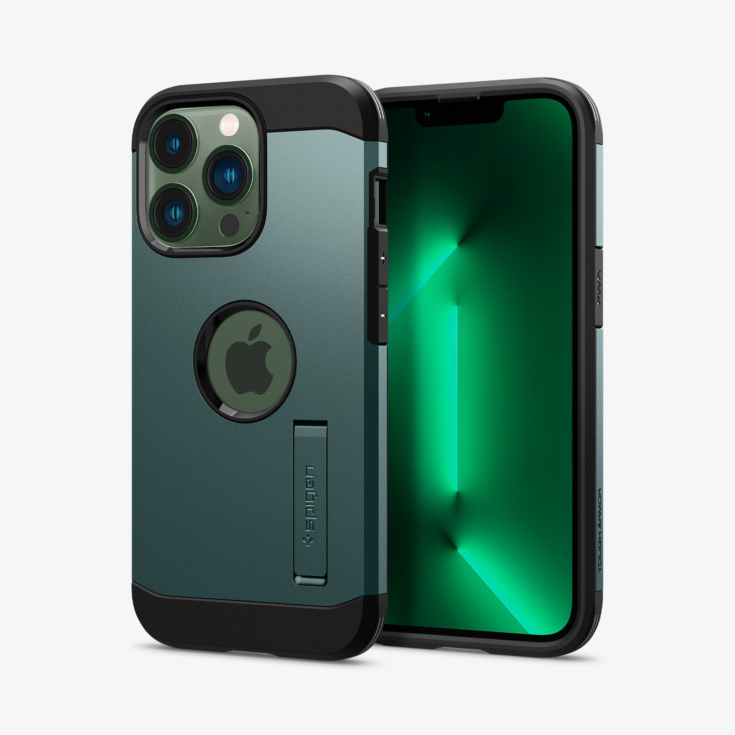 ACS04565 - iPhone 13 Pro Case Tough Armor in midnight green showing the back and front