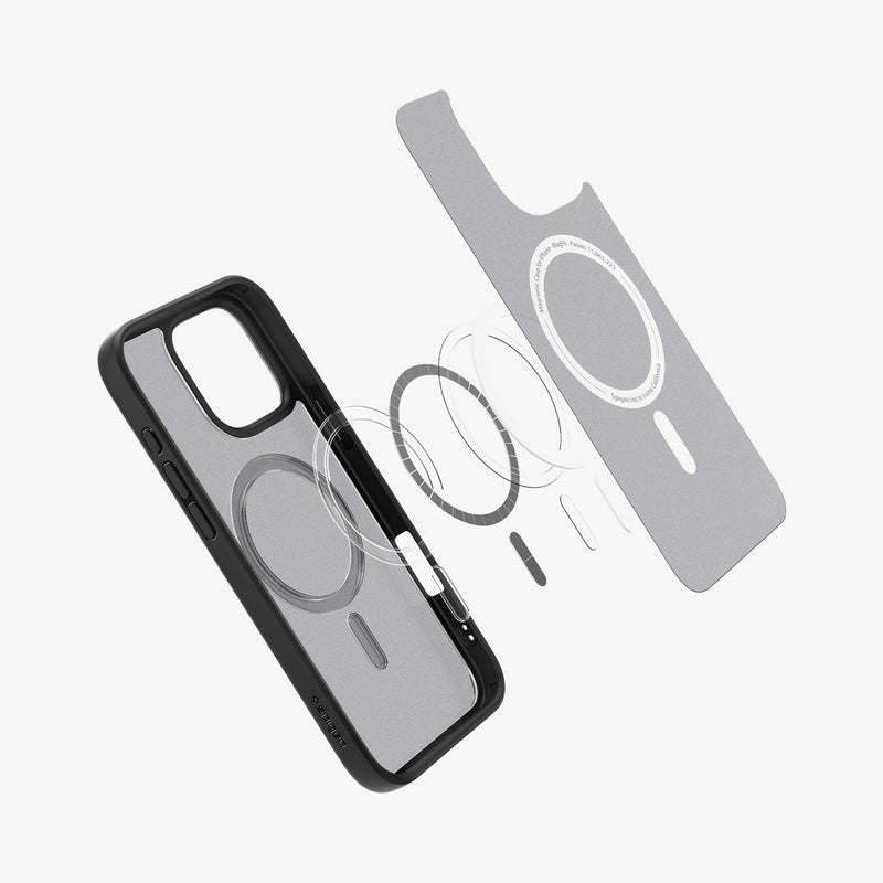 ACS08134 - iPhone 16 Pro Case Ultra Hybrid (MagFit) in Frost Black showing the front of soft inner layer hovering above the magsafe magnet plate and the case 