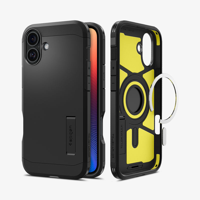 ACS08216 - iPhone 16 Case Tough Armor AI (MagFit) in Black showing the back, partial sides and front, metal ring plate detached from the inner case